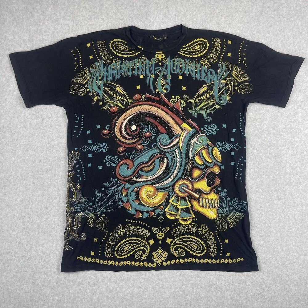Vintage Christian Audigier Skull T-Shirt Allover Print Off Black XL Y2K USA